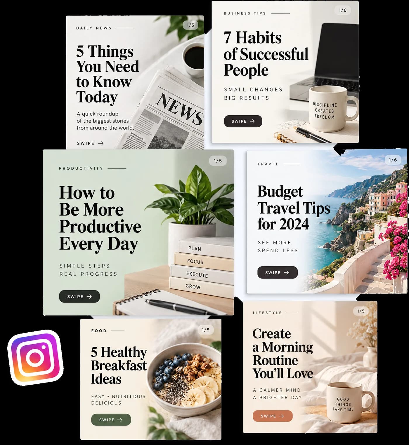 A collage of on-brand Instagram carousels made with Ghostpage: daily news, business tips, productivity, travel, food and lifestyle